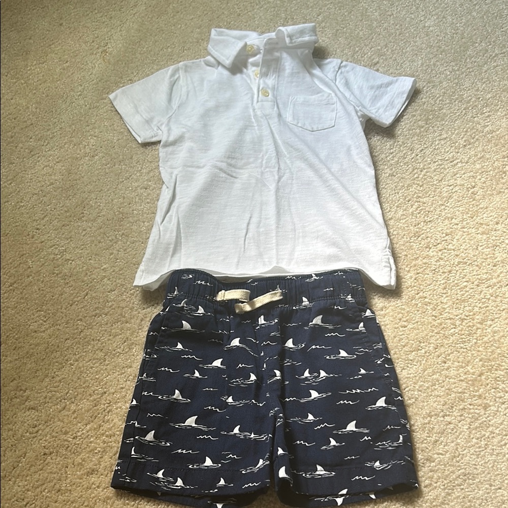 White Polo Shirt and Navy Shark Print Shorts Set